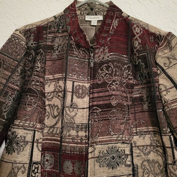 Dress Barn Burgundy Tan Beige Fall Colors Tapestry Zip Up Blazer Size Large - Picture 7 of 12